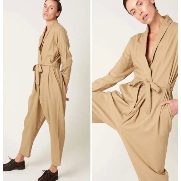 BLACK CRANE Sz S Small Crossover Jumpsuit Cotton Flannel Mocha Tan NWT - Picture 1 of 11